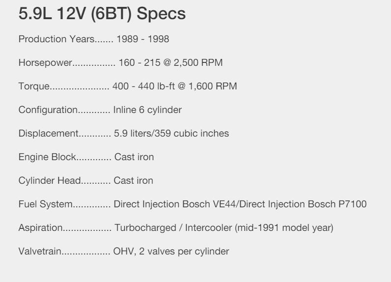 5.9L 12V (6BT) Specifiche